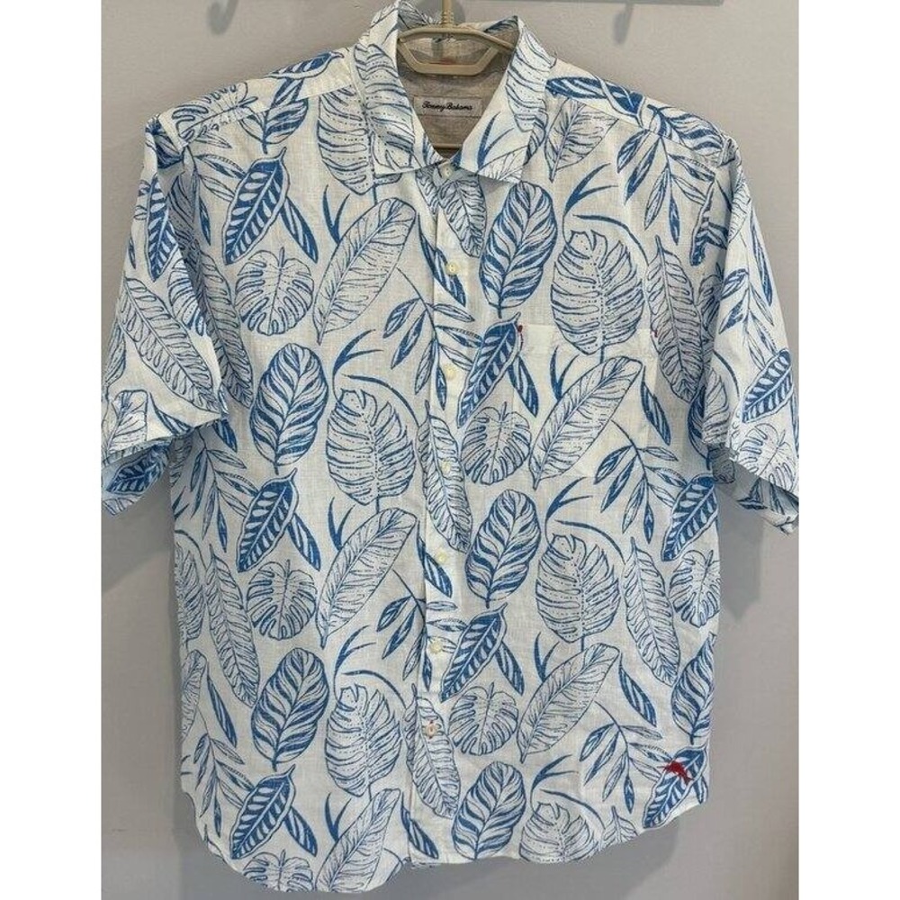 Tommy Bahama‎ White Blue Tropical Leaf Camp Short Sleeve Button Front Shirt M